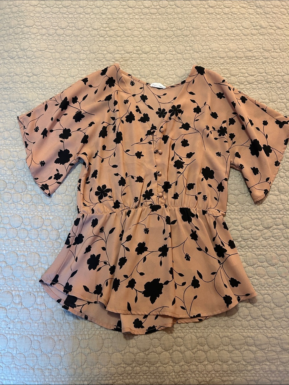 Sienna Sky Blush Pink Flutter Sleeve Peplum Blouse with Black Floral Print